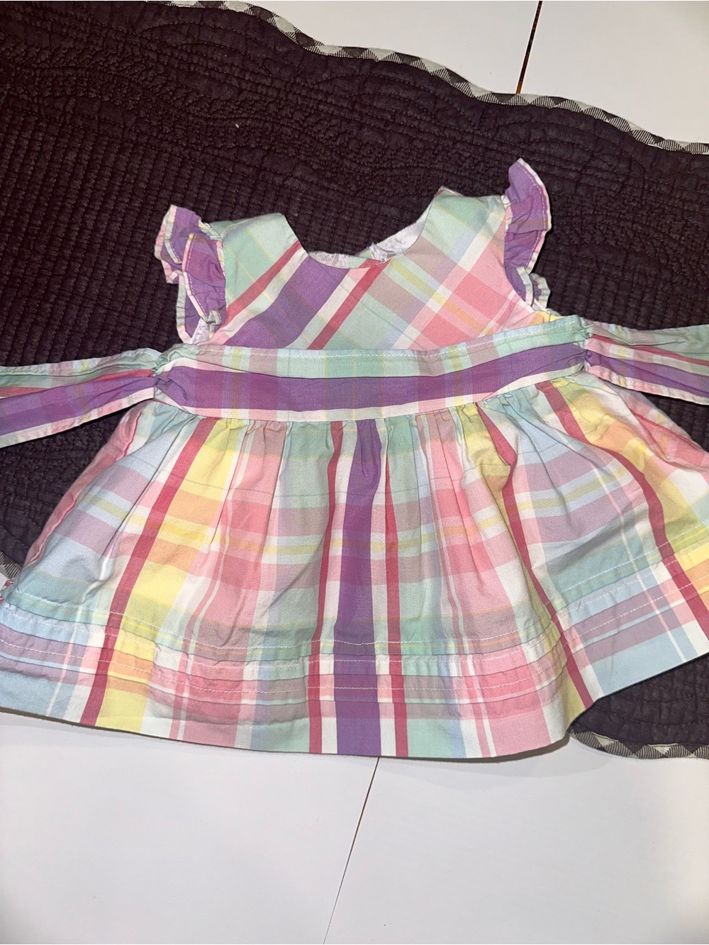 Chaps Pastel Plaid Tie-Back Dress with Purple Accents
